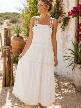 Boho Embroidered Overalls Maxi Dress White Lace Tiered Adjustable Straps Medium